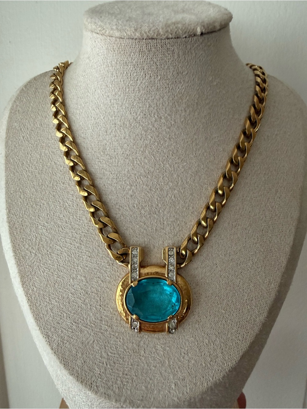 Vintage Signed Monet Gold-Tone Chain Necklace with Blue Pendant & Pave Crystals